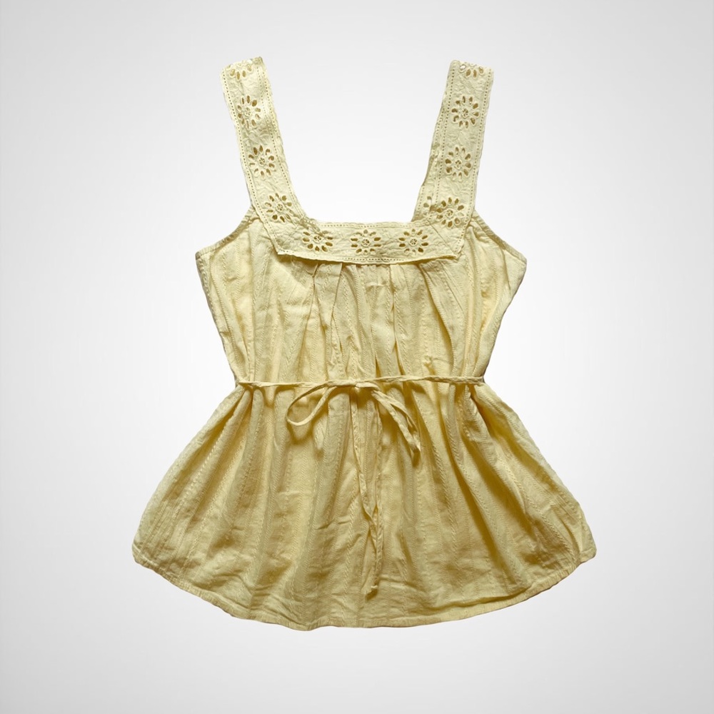 Women’s Sz S Light Yellow Cotton Linen Peasant Top with Cinched Tie Waist